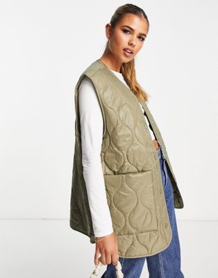 Monki oversized vest with patch pockets in khaki quilting | ASOS (Global)
