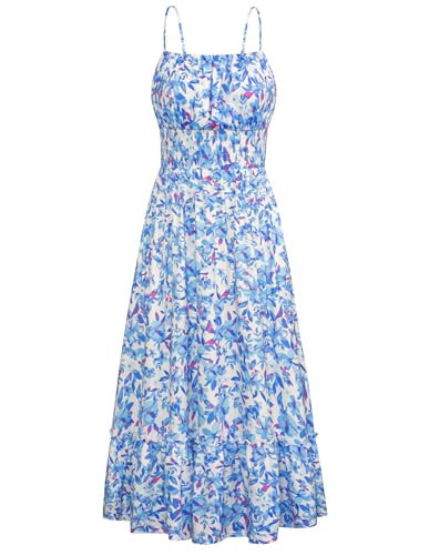 Women's 2025 Summer Floral Boho Dress Square Neck Strapped Swing A Line Beach Long Maxi Dress with Pockets Blue Floral L | Amazon (US)