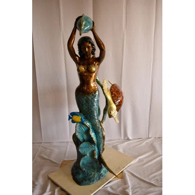 Hand Crafted Mermaid With Clown fish and Turtle Bronze Fountain Statue 32" x 19" x 60"H | Wayfair North America