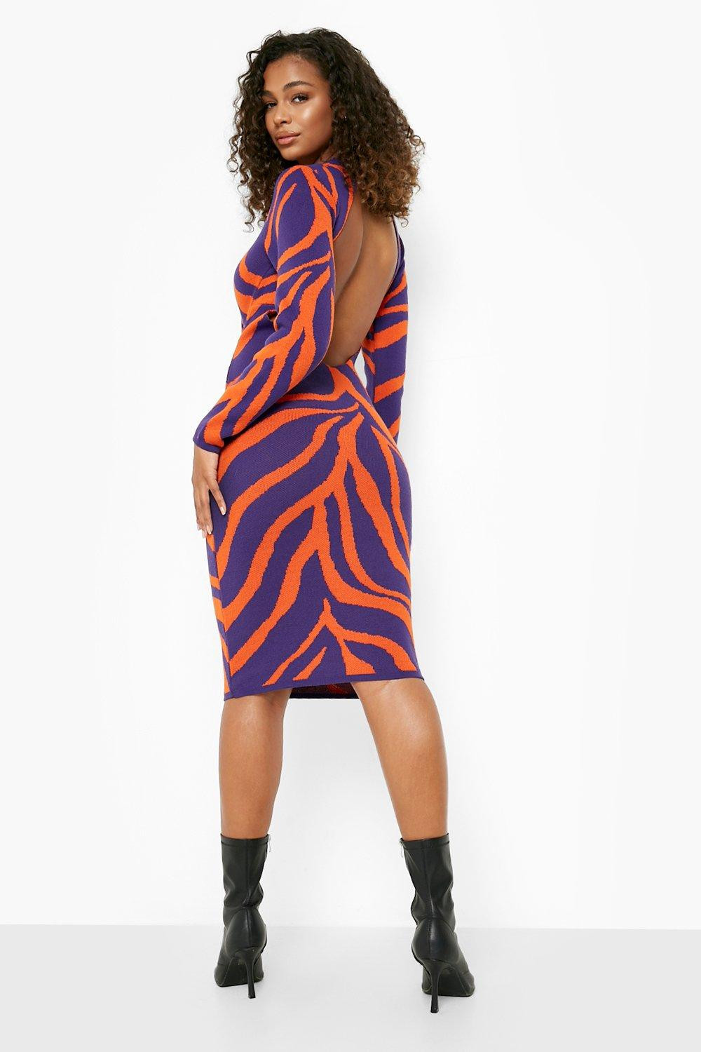 Zebra Print Backless Knitted Midi Dress | Boohoo.com (UK & IE)
