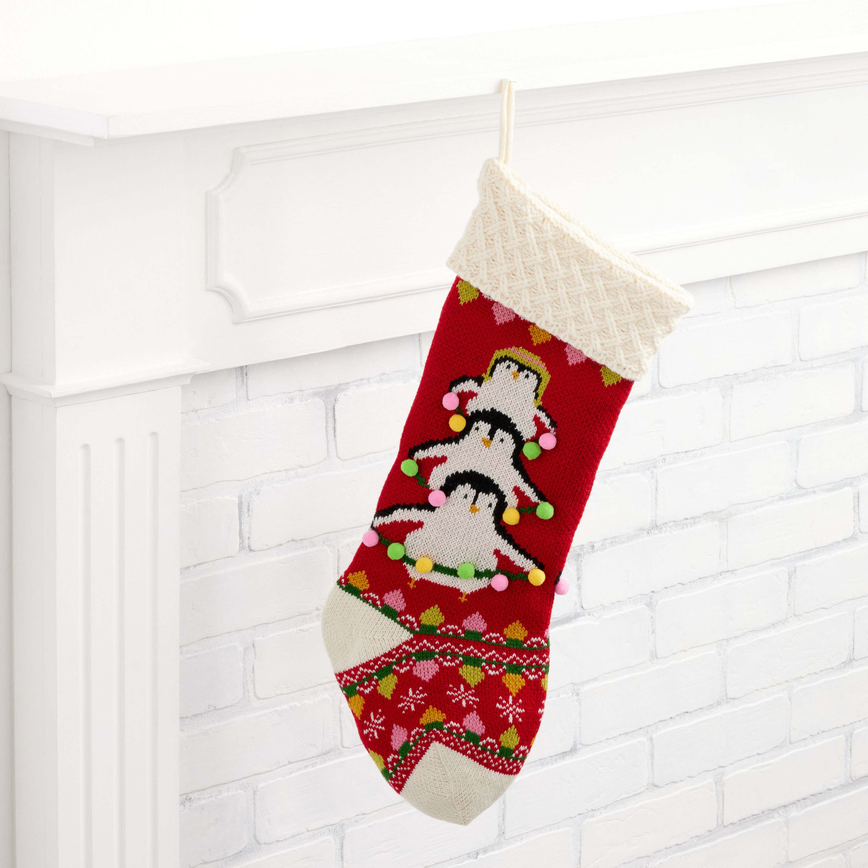 Red And Ivory Knit Penguin Tree Christmas Stocking | World Market