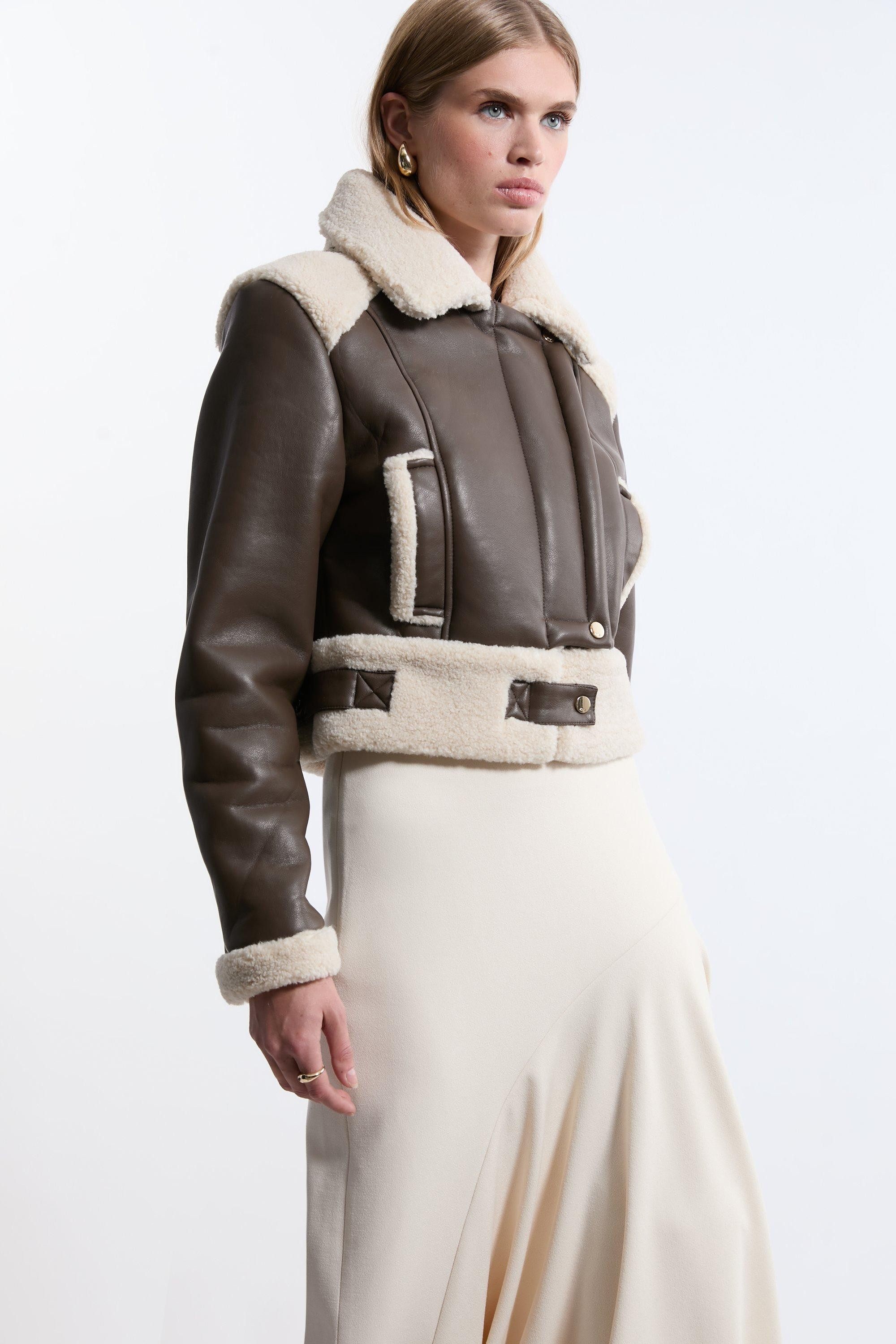 Faux Fur Aviator Crop Jacket | Karen Millen | Karen Millen UK + IE + DE + NL