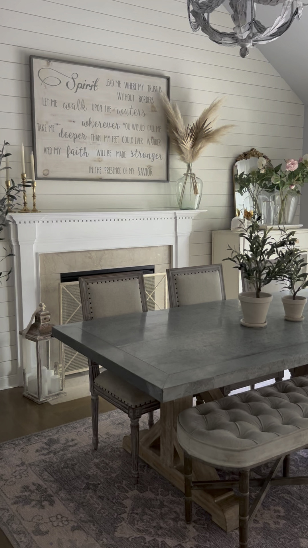 Dining room view!
Our Studio McGee olive tree is back in stock at Target!

Gold fire screen, Farmhouse dining table, upholstered bench, dining chairs with nail head trim, flames LED candles, taper candles, pampas grass stems, arched mirror, artificial tree, artificial olive tree, dining room decor.

#target #studiomcgee #walmart 