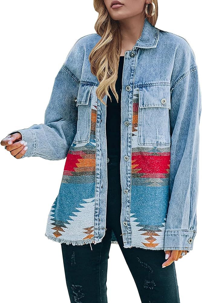 Women's Aztec Denim Jacket Distressed Lapel Long Sleeve Vintage Button Down Denim Jacket Shacket | Amazon (US)