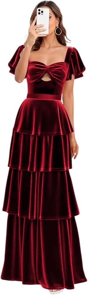 Dessiny Short Sleeves Velvet Pleated Cocktail Dresses for Women 2026 Long Cut Out Formal Evening ... | Amazon (US)