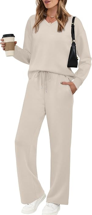 WIHOLL Lounge Sets for Women 2026 V Neck 2 Piece Outfits Airport Wide Leg Pants Matching Set Swea... | Amazon (US)