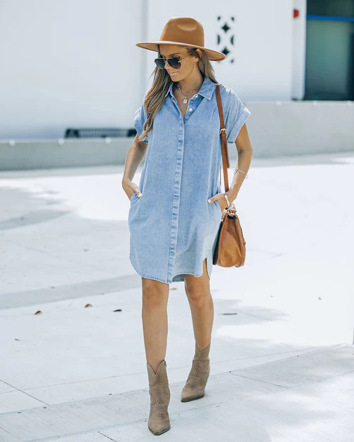 Chelsea Pocketed Denim Button Down Shirt Dress | VICI