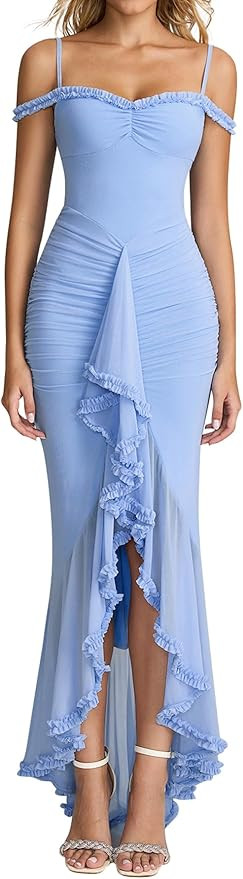 KUTUMAI Women Ruffle Bodycon Maxi Dress Ruched Long Formal Cocktail Wedding Guest Dresses | Amazon (US)