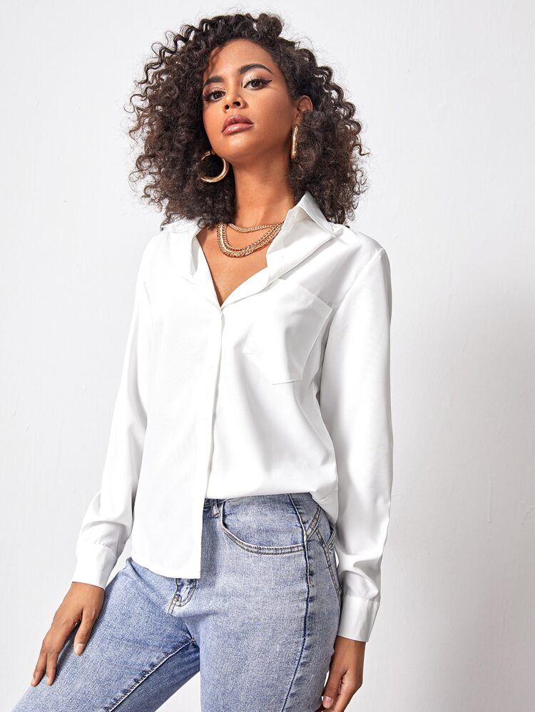 Patch Pocket Button Front Solid Blouse | SHEIN
