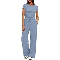 Darong Women's 2 Piece Summer Outfits Lounge Sets Side Ruched Short Sleeve Crop Top & Wide Leg Pa... | Amazon (US)