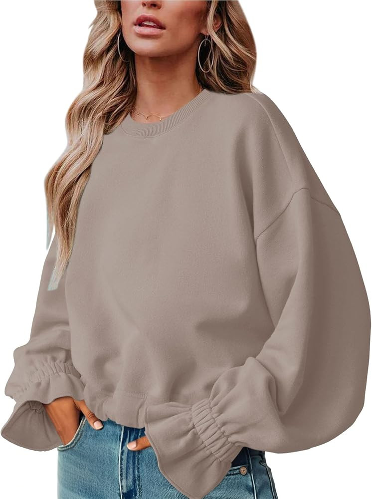 Women's Casual Crew Neck Sweatshirt Long Sleeve Ruched Solid Loose Fitting Pullover Tops | Amazon (US)