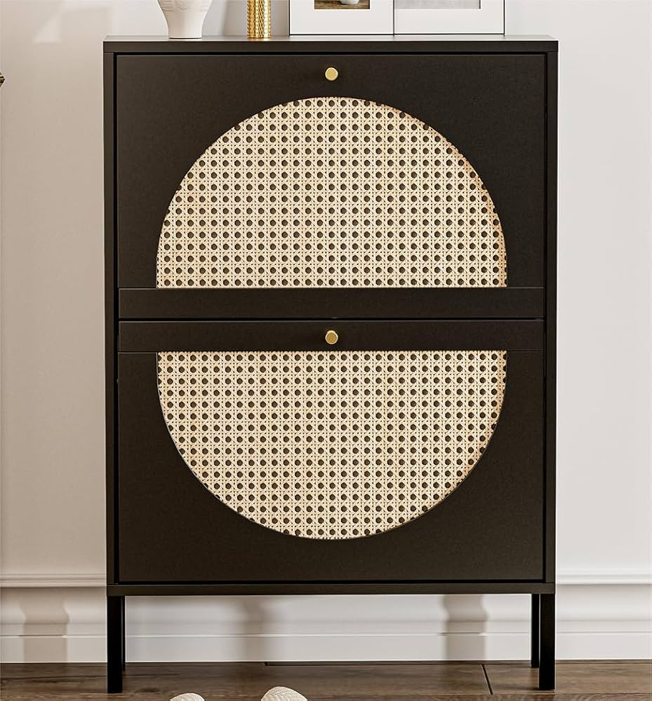 IKIFLY Black Rattan Shoe Cabinet with 2 Flip Drawers, Narrow Free Standing Shoe Racks with Metal ... | Amazon (US)