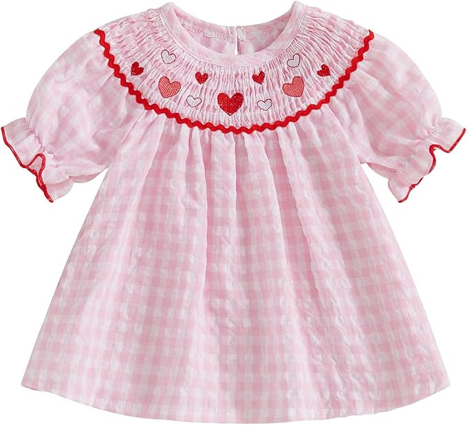 Toddler Baby Girl Valentines Day Outfit Ruffle Smocked Heart Embroidery Dress Plaid Playwear Summ... | Amazon (US)