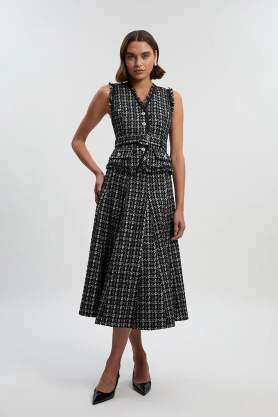 Boucle Tailored Sleeveless Satin Mix Full Skirted Midi Dress | Karen Millen UK + IE + DE + NL