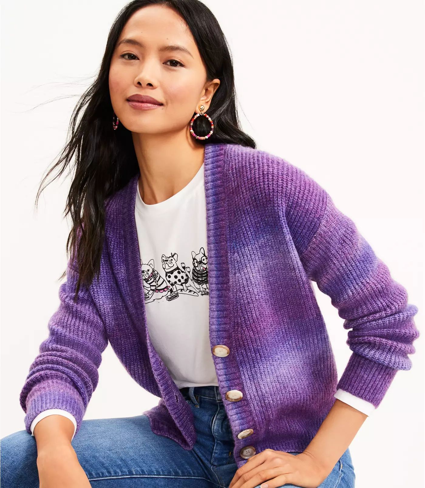 Spacedye Ribbed V-Neck Cardigan | LOFT