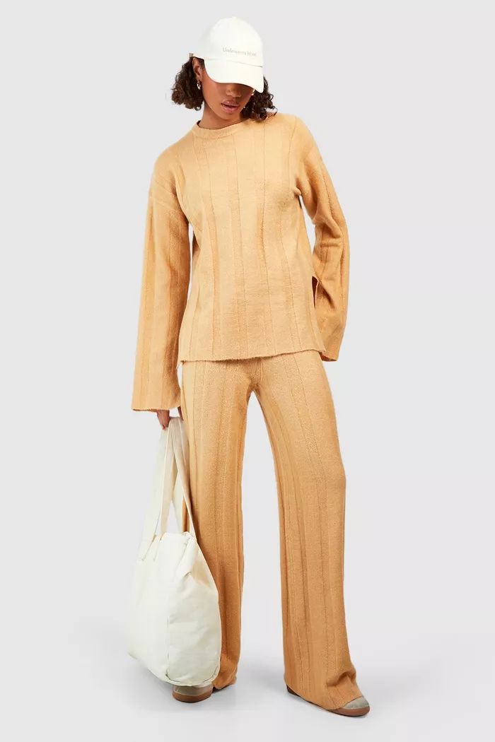 Tall Soft Knit Wide Rib Sweater And Flares Knitted Two-Piece | boohoo (US & Canada)