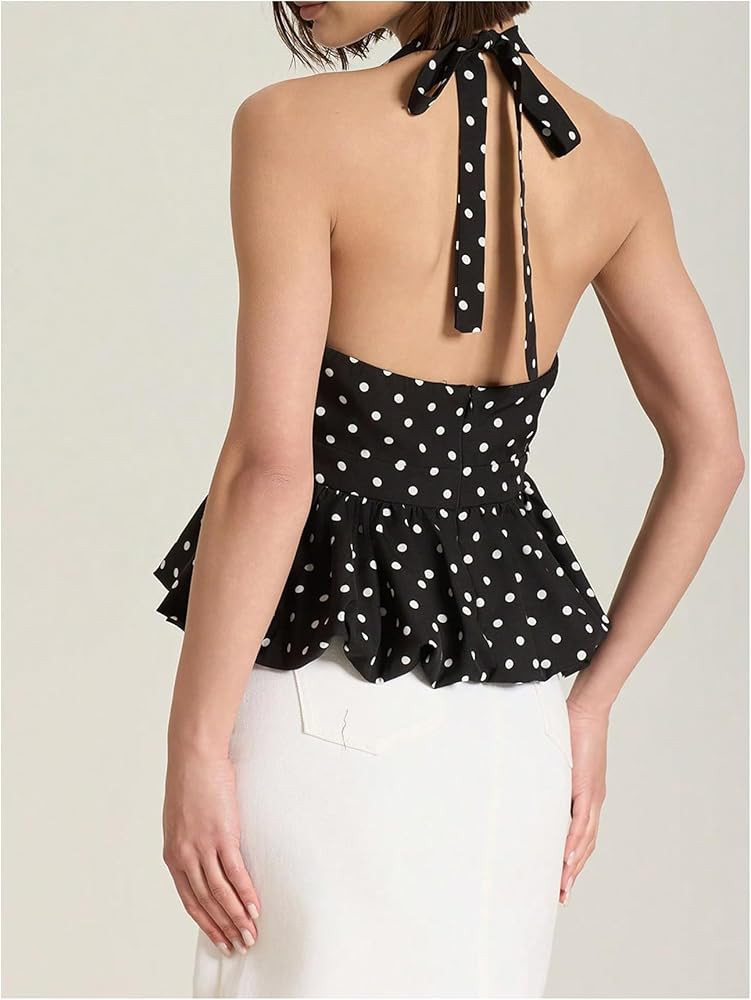 WDIRARA Women's Polka Dots Halter Tops V Neck Sleeveless Tie Backless Ruffle Babydoll Tops Black Small at Amazon Women\u2019s Clothing store | Amazon (US)
