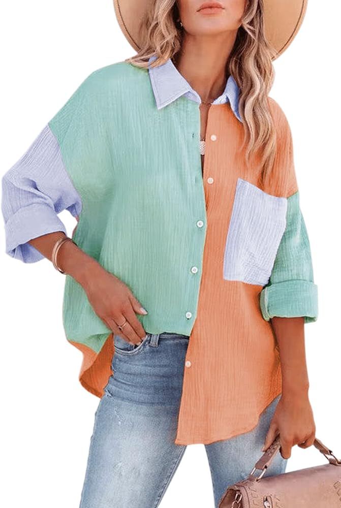 KOJOOIN Womens Colorblock Button Down Shirts Jacket Casual Long Sleeve Oversized Tunic Blouses | Amazon (US)