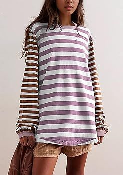 MISSACTIVER Oversized Striped Long Sleeve T-Shirts for Women Round Neck Color Block Tee Shirt Top... | Amazon (US)