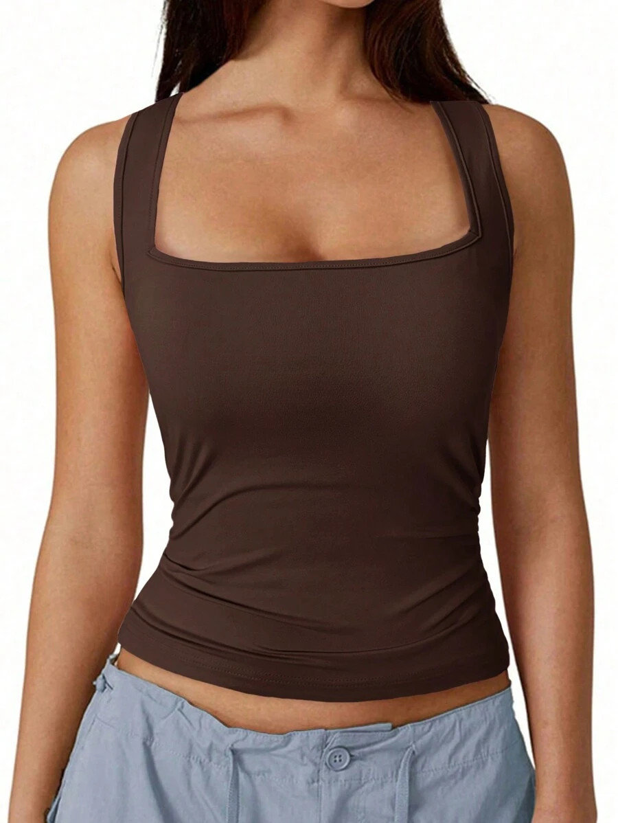 SHEIN SXY Plus Size Casual Solid Color Ruched Slim Fit Tank Top | SHEIN