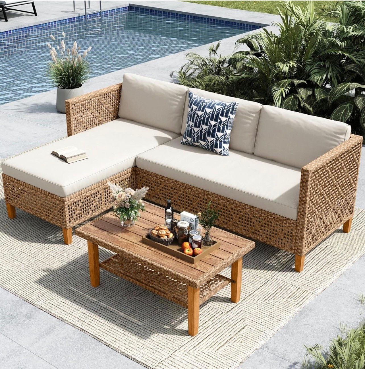  L Shaped Outdoor Couch Set, Wicker Patio Furniture Set, Rattan Outdoor Sectional Sofa with Acacia Wood Coffee Table, 3 Pieces Small Patio Conversation Set for Backyard, Beige

#LTKSaleAlert #LTKSpringSale #LTKHome