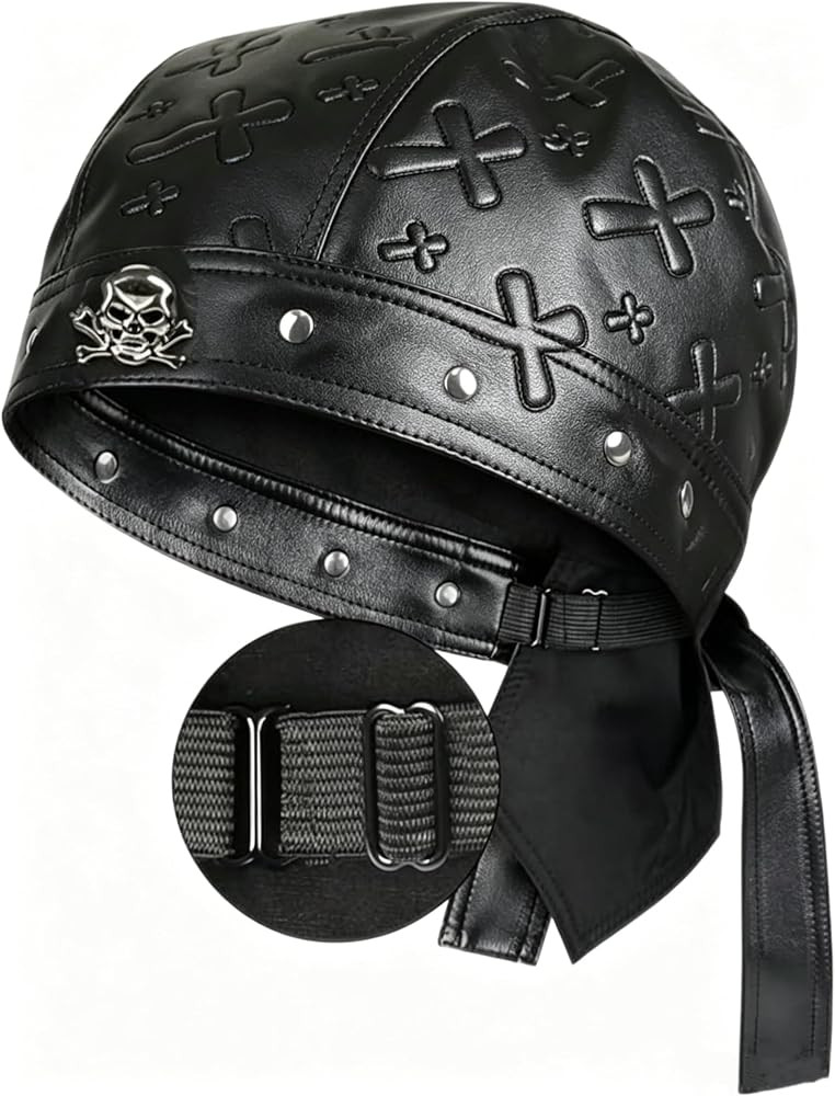 Leathe Women's Leather Biker Doo Rag Dark Checkered Skull Cap Adjustable Motorcycle Headwrap | Amazon (US)