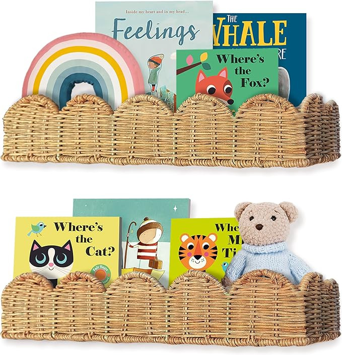 Nursery Book Shelves Set of 2 - Artisanal Natural Rattan Scalloped Book Shelf for Kids Rooms 15.8... | Amazon (US)