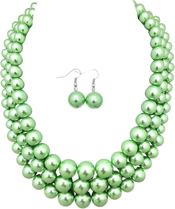 Women's Simulated Faux Three Multi-Strand Pearl Statement Necklace and Earrings Set | Amazon (US)