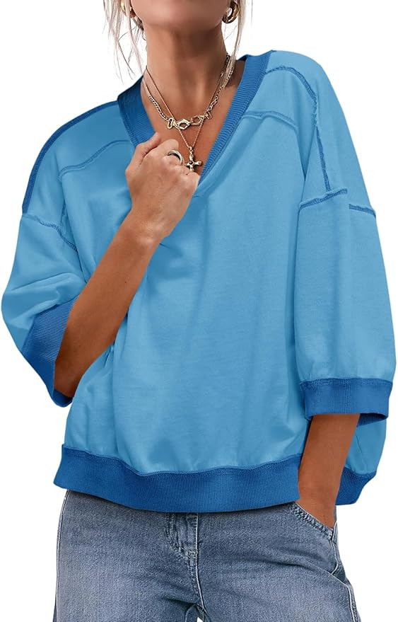 Fisoew Womens Oversized Sweatshirt 3/4 Sleeve Crewneck Cropped Top Casual Contrast Color Loose Fi... | Amazon (US)