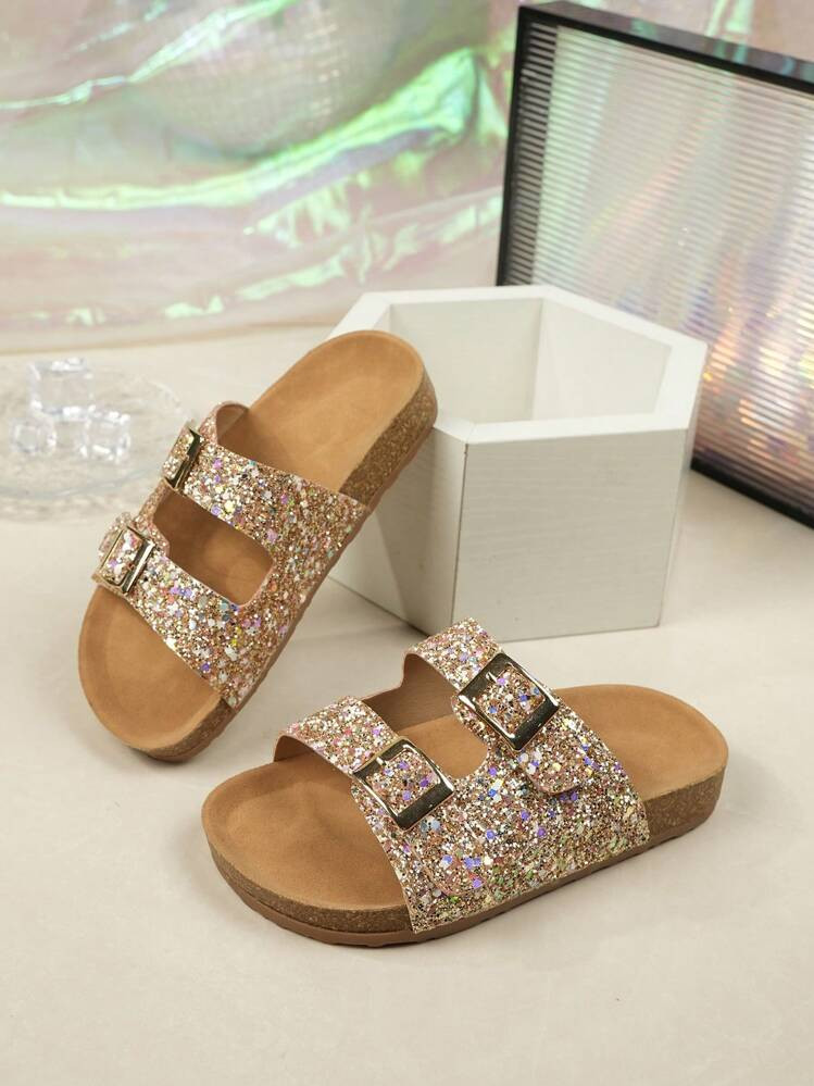 1 Pair Girls' Cork Anti-Slip Thick Sole Slippers, Soft & Comfortable, Fashionable Sequin With Crystal Design, For Girls Aged 3-15, Suitable For Outdoor, Beach, Seaside | SHEIN