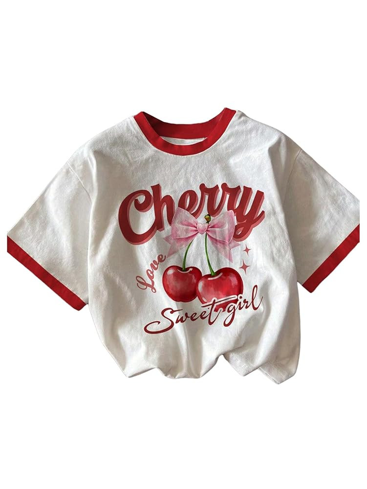 Girl's Graphic Print Tee Shirt Round Neck Short Sleeve T Shirts Summer Cute Trendy Tops | Amazon (US)