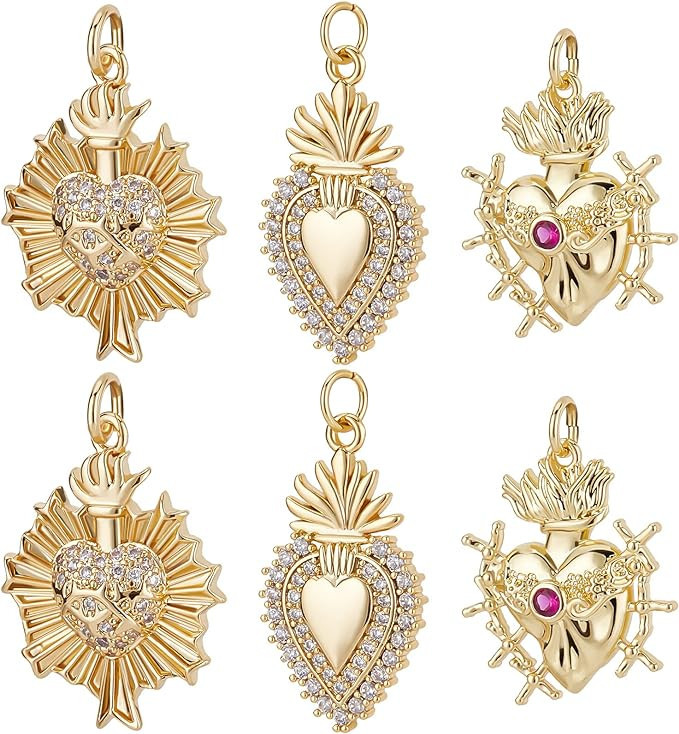 Beebeecraft 6Pcs/Box 3 Style Sacred Heart Charms 18K Gold Plated Brass Valentine's Day Heart Char... | Amazon (US)
