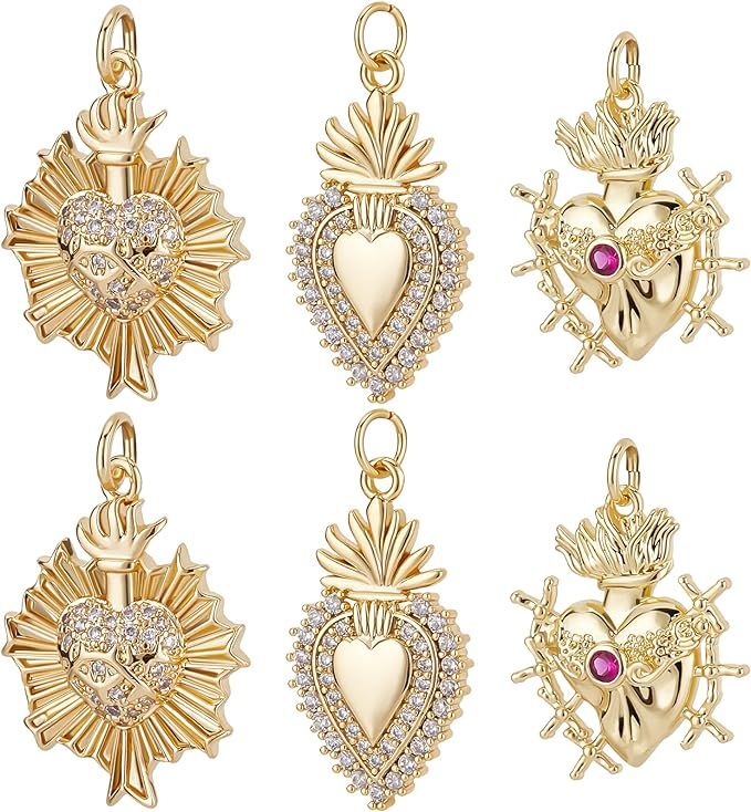 Beebeecraft 6Pcs/Box 3 Style Sacred Heart Charms 18K Gold Plated Brass Valentine's Day Heart Char... | Amazon (US)