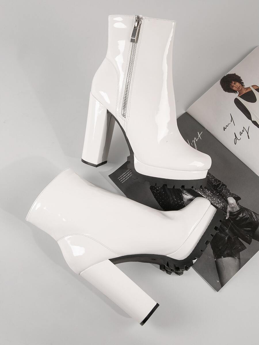 Faux Patent Leather High Heeled Ankle Boots | SHEIN