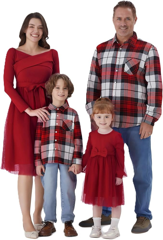 PATPAT Family Matching Outfits Set Mommy and Me Dresses Off Shoulder Midi Dress Dad and Boy Plaid... | Amazon (US)
