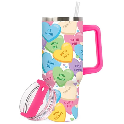JarThenaAMCS Valentine's Day Tumbler with Lid Straw Stainless Steel Cup 40oz Colorful Conversation Heart Tumbler with Handle for Home Office Travel | Amazon (US)