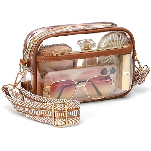 PACKISM Fashion Clear Concert Bag - Clear Purses for Women Stadium Crossbody with Adjustable Brown Geometric Striped Jacquard Strap for Music Festival, Sport Events, Brown | Amazon (US)