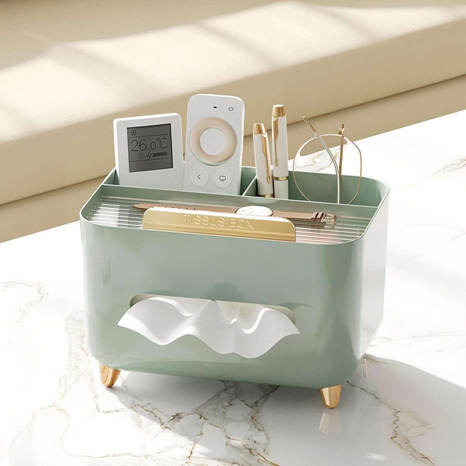 Okay, this is one of those finds that looks way more expensive than it is 😍✨
A tissue box holder, remote organizer, AND catch-all tray all in one? Yes please! The soft sage green color with the gold legs gives it such a chic, modern look while helping keep the coffee table or nightstand clutter-free.
Perfect for remotes, glasses, pens, chargers, tissues, and all those little things that somehow end up everywhere. 🤍

#HomeOrganization #HomeDecor #LTKHome #OrganizationIdeas #HomeFinds 

 