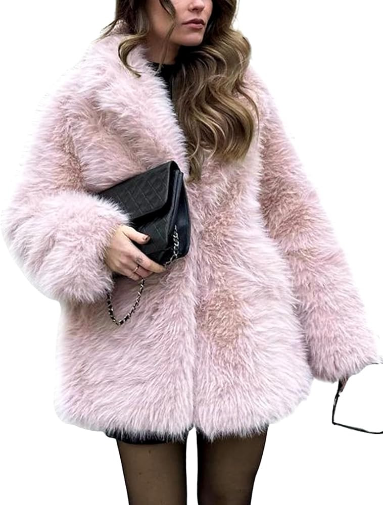 Wyeysyt Womens Faux Fur Coat Long Fluffy Shaggy Jacket Lapel Winter Furry Coats Fuzzy Outerwear | Amazon (US)