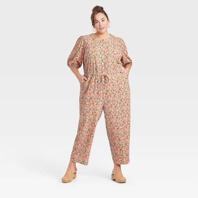 Women's Puff 3/4 Sleeve Jumpsuit - Universal Thread™ Coral Pink Floral | Target