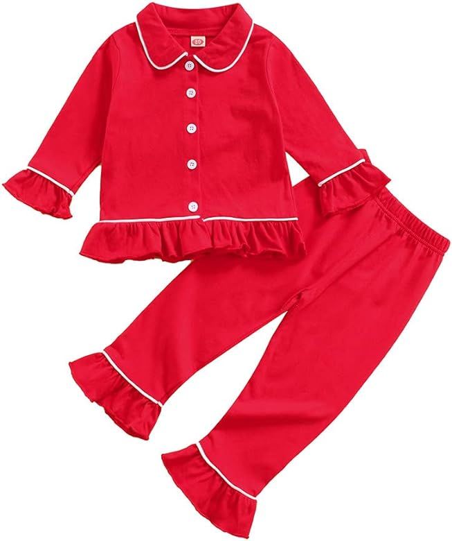 Ayalinggo Toddler Kids Baby Girl Solid Pjs Ruffle Long Sleeve Button Shirt Top and Pants Cotton 2... | Amazon (US)