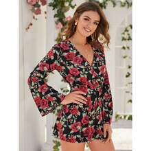 Floral Print Surplice Belted Romper | SHEIN