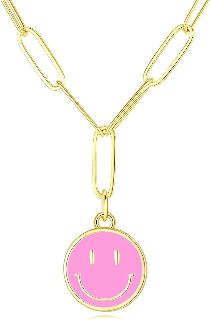 Smiley Face Necklaces,Gold Stainless Steel Paperclip Chain Simple Round Smile Necklace Preppy Jew... | Amazon (US)