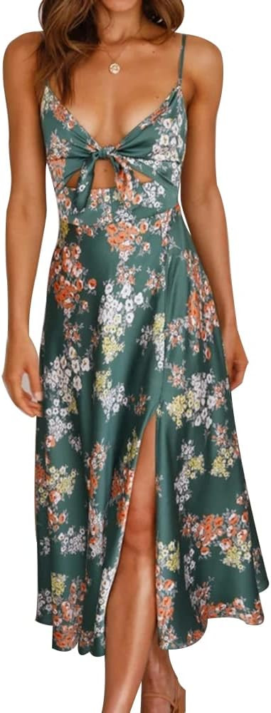 Mulisky Women's Sexy Sleeveless V Neck Spaghetti Straps Tie Front Side Split Hollow Backless Satin M | Amazon (US)