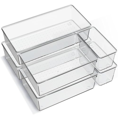 6 Pack Large Clear Plastic Drawer Organizer Trays, Acrylic Kitchen Drawer Organization and Storage Dividers, Non-Slip Storage Bins for Makeup, Kitchen Utensils, Bathroom, Jewelries and Office Desk | Amazon (US)