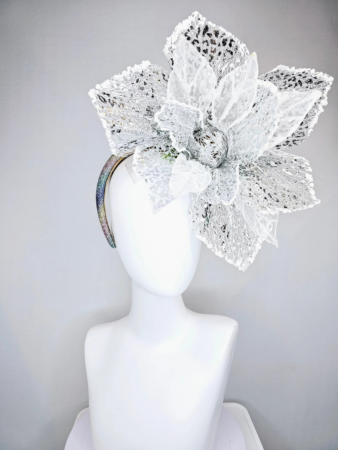 Kentucky Derby Hat Fascinator Pastel Colorful Rainbow Crystal Headband With White Silver Lace Mes... | Etsy (US)