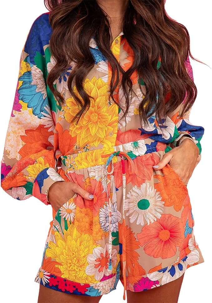 Molilove Women's Summer 2 Piece Outfits Print Button Down Shirt Shorts Pockets Long Sleeve Beach ... | Amazon (US)