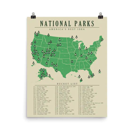National Park Map Checklist Poster, All 63 Parks, Map Art, Gift for Hiker or National Park Lover,... | Etsy (US)