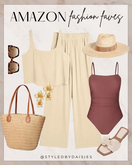 Amazon summer fashion faves! Perfect beach day look! 

#amazonfashion

Amazon finds. Amazon fashion. Amazon swim. Amazon two piece linen set. Amazon straw beach tote. Amazon one piece swimsuit. Amazon straw hat. Gold flower earrings. Beach day outfit. Pool day outfit  

#LTKStyleTip #LTKSeasonal #LTKSwim