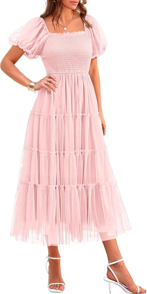 PRETTYGARDEN Women's Smocked Tulle Midi Dress 2025 Summer Square Neck Puffy Short Sleeve Ruffle W... | Amazon (US)
